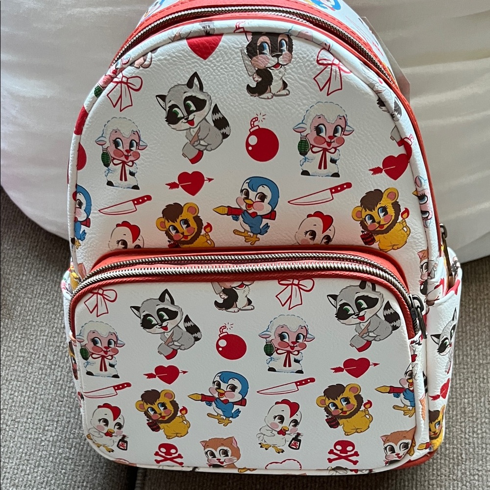 Funko White Mini Cartoon Character Print Backpack with Red Trim